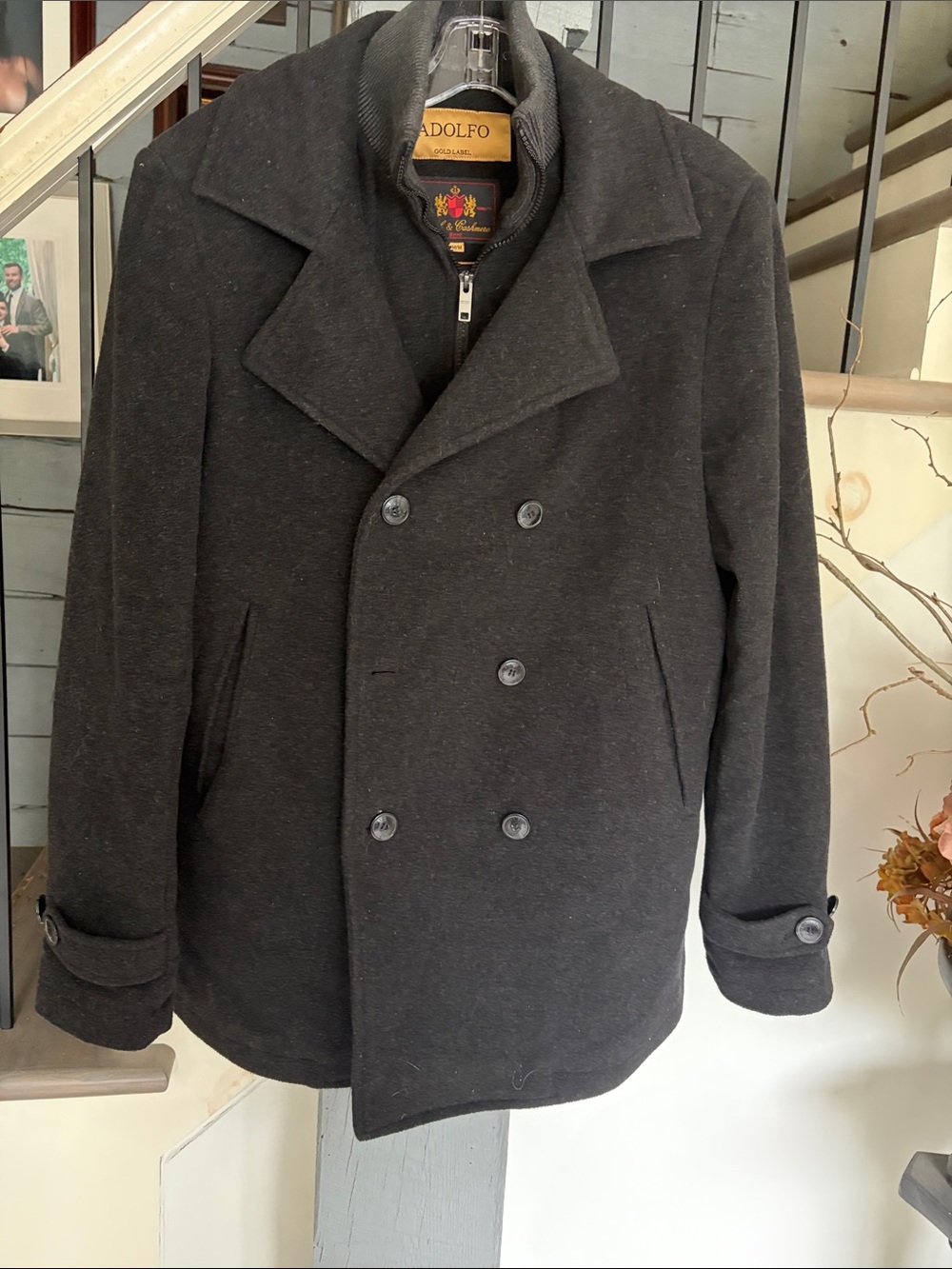 Adolfo Black Double-Breasted Wool Blend Peacoat Wool and Cashmere